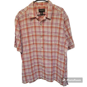 Eddie Bauer Mens Large Button Up Shirt Linen/Cotton Short Sleeve Plaid Red White